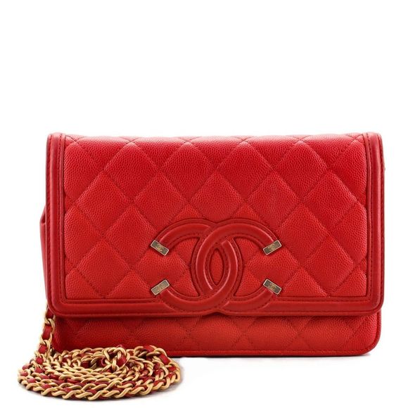 Chanel Handbags - Chanel Filigree Wallet on Chain Quilted Caviar Red